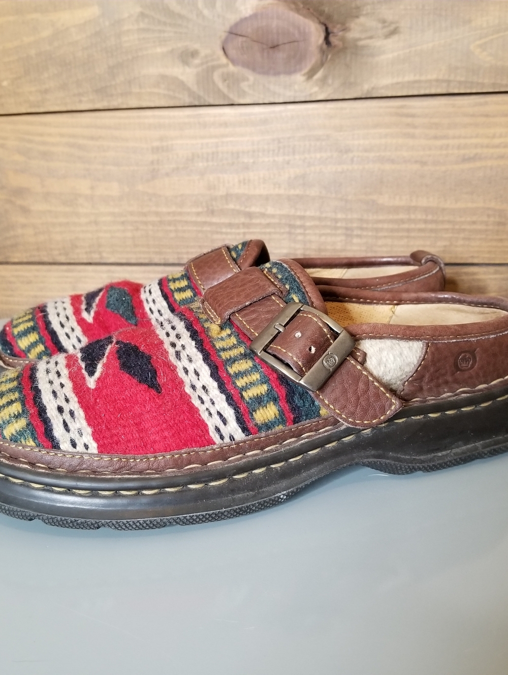 Born Y2k Southwestern Wool Slip On Leather Mule Clogs Red Aztec Buckle Sz 9